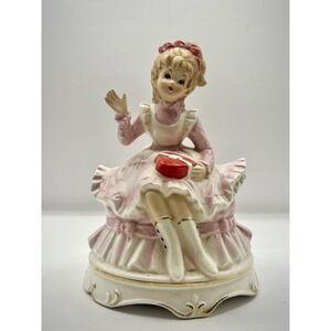 Vintage Lefton Valentine Girl 6.5" Tall Figurine Music Box Adorable  RARE HTF
